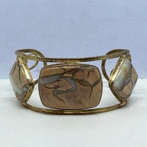 Beautiful!Custom Made Bracelet Cuff Gold Tone Brass with 3 Picture Jasper Stones